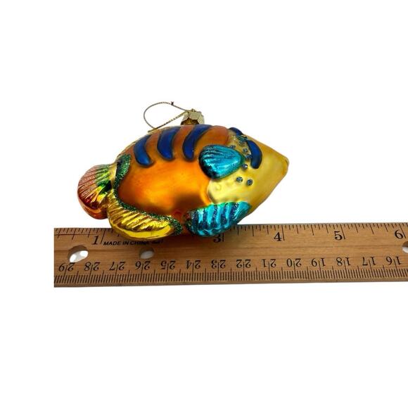 Blue Gold Orange Saltwater Fish Blown Glass Christmas Holiday Ornament 4” EUC - Picture 5 of 7